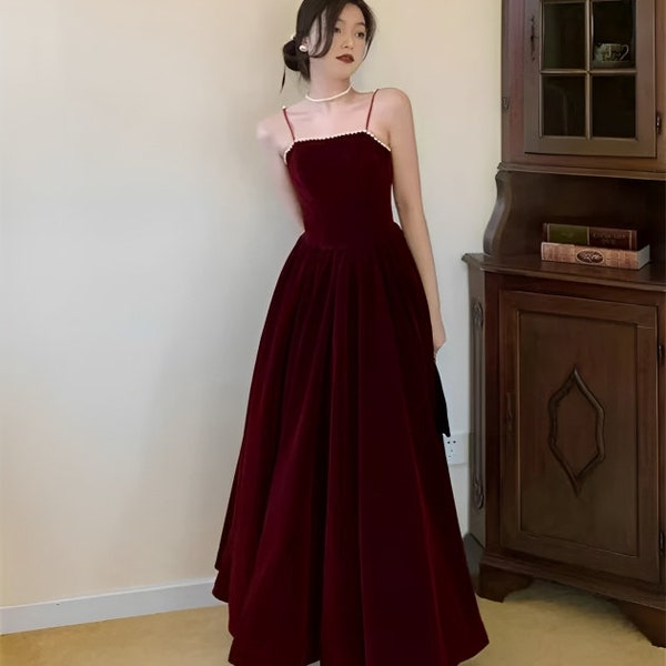 Burgundy Beaded Velvet Prom Dress with Spaghetti strap, Mid Long Evening Dress, Wedding Dress, Handmade Bridesmaid Dress, Evening Dress