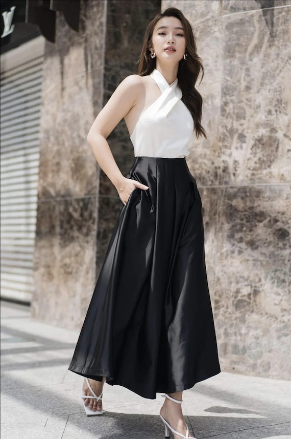 Satin high waisted pleated cheap skirt