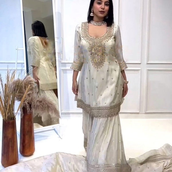 Beautiful Chinnon Designer Sharara Suit For Women and Girls with Sequins Embroidery Work, Party Wear Suit, Mehendi Sangeet Party Wear Suit