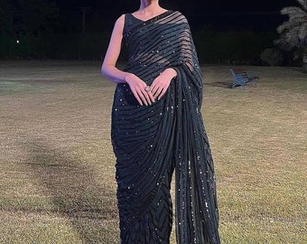 Black Georgette made Saree with Heavy Sequence Embroidery Work, Partywear Saree, Pre-stitched Saree Bollywood Style Ready to Wear Saree