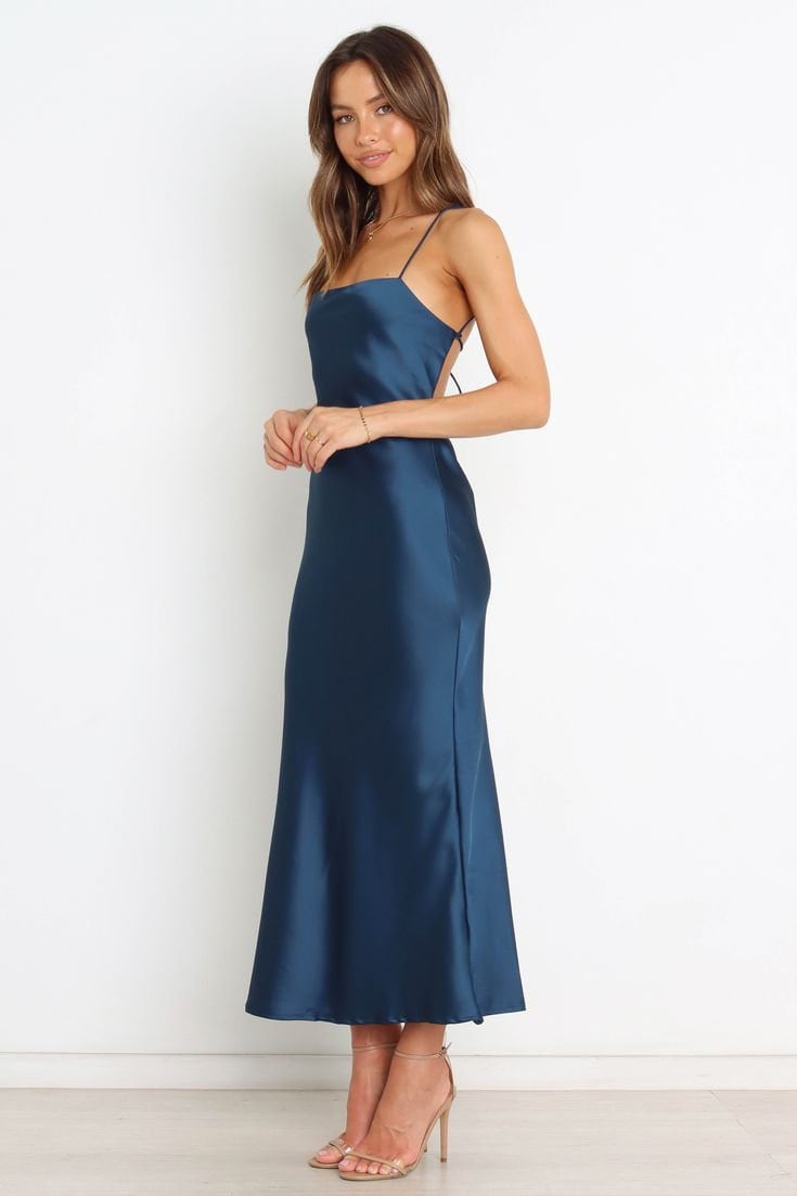 NovaStudioIN Navy Blue Soft Satin Silk Midi Length Cowl Neck Dress with Adjustable Shoulder Straps Pure Silk Short Dress Bridesmaid Dress Evening Dress