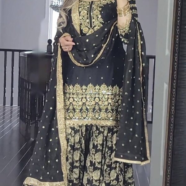 Designer made Black Sharara Suit For Women and Girls with Sequence Embroidery, Wedding Mehendi Sangeet Partywear Suit Punjabi Suit For Women