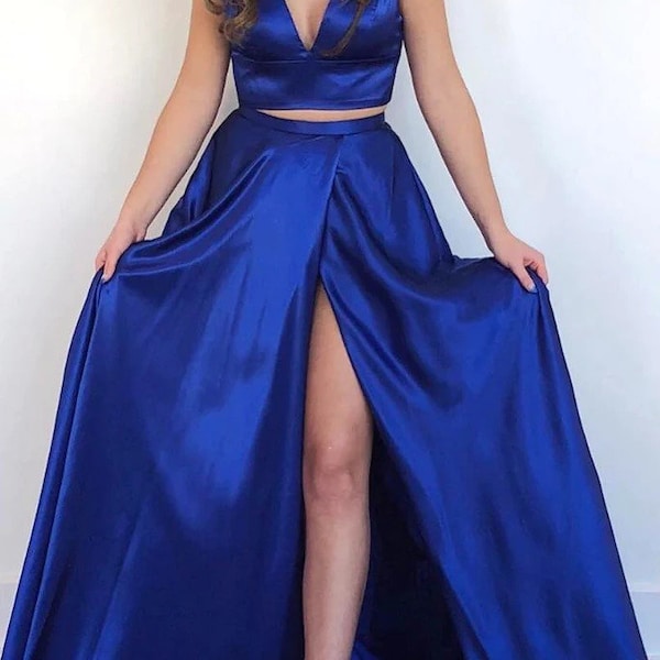Royal Blue Satin Silk made V Neck Strappy Two Piece Dress for Women, Wedding wear Long Dress, Bridesmaid Dress, Formal Evening Gown