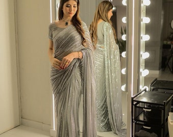 Grey/Black Georgette made Saree with Heavy Sequence Embroidery Work, Partywear Saree, Pre-stitched Saree Bollywood Style Ready to Wear Saree