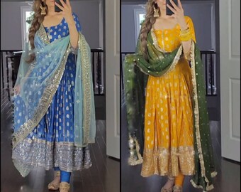 Impresionante amarillo Georgette indio paquistaní boda Mehendi Sangeet fiesta usar vestido con bordado de secuencia, vestido estilo Bollywood para mujer