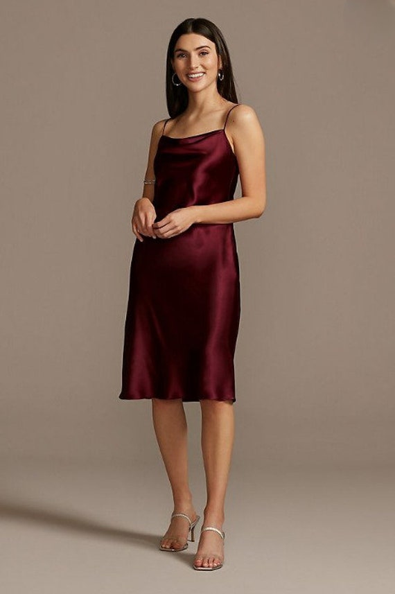 midi satin slip dress with spaghetti straps