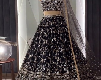 Black Georgette Lehenga Choli with Sequence Embroidery, Wedding Sangeet Mehendi Partywear Lehenga Choli, Ready to Wear Customise Lehengas