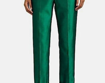 Il designer ha realizzato pantaloni in seta premium di colore verde, pantaloni in seta, pantaloni in seta premium da donna, pantaloni in seta, pantaloni slim da ufficio e pantaloni