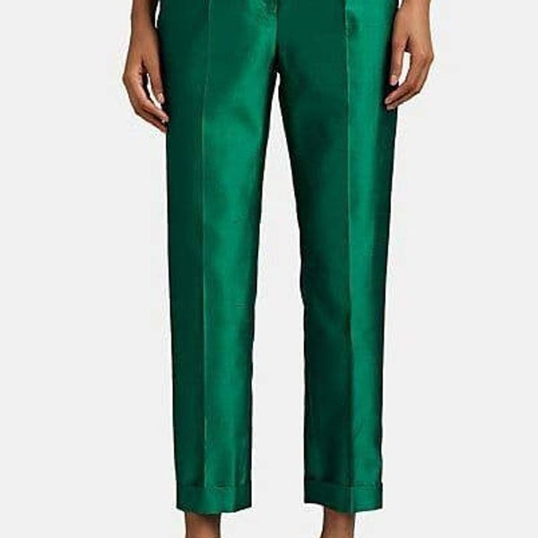 Pantalons en soie premium de couleur verte, pantalons en soie, pantalons en soie premium pour femmes, pantalons en soie, pantalons de bureau slim et pantalons de créateurs