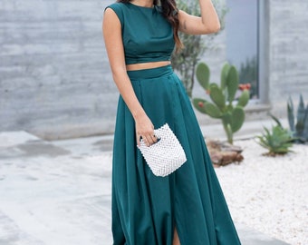 Emerald Green Premium Soft Satin Silk made Skirt with Crop Top for Women, Evening Skirt, Partywear Long Skirt with Slit, Prom Skirt with Top