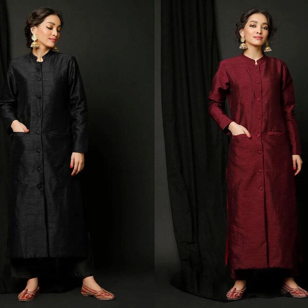 Black or Maroon Color Premium Silk Kurta Palazzo Set, Customise Punjabi Suit with Loose Pant, Pakistani Dress, Indian Ethnic wear kameez