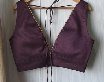 Handmade Burgundy Wine Premium Silk Plunging V Neck Sleeveless Designer Blouse, Wedding Partywear Blouse Custom Made Saree Blouse Crop Top