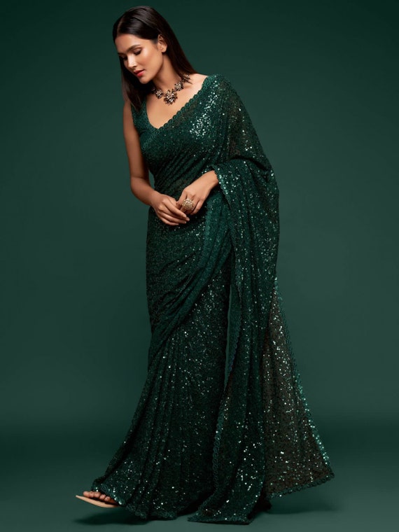 Designer Green Sequins Ruffle Saree, Indian Wedding Party Wear Reception  Wear Saree, Readymade Stitched Blouse Saree -  Canada