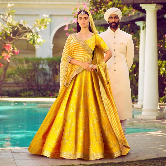 Designer Sabyasachi Inspired Yellow Silk Lehenga Choli for Women