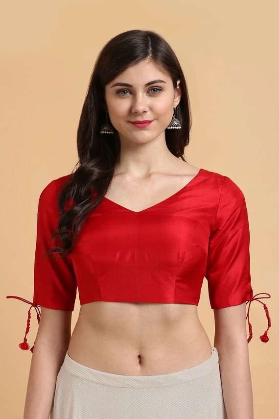 Red Ovelapping Blouse with Mustard Skirt Saree