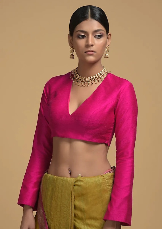 Designer Magenta Color V-neck Raw Silk Blouse, Party & Wedding Wear Custom  Made Blouse Choli Saree Blouse Sari Blouse Tunic Top Crop Top -   Singapore