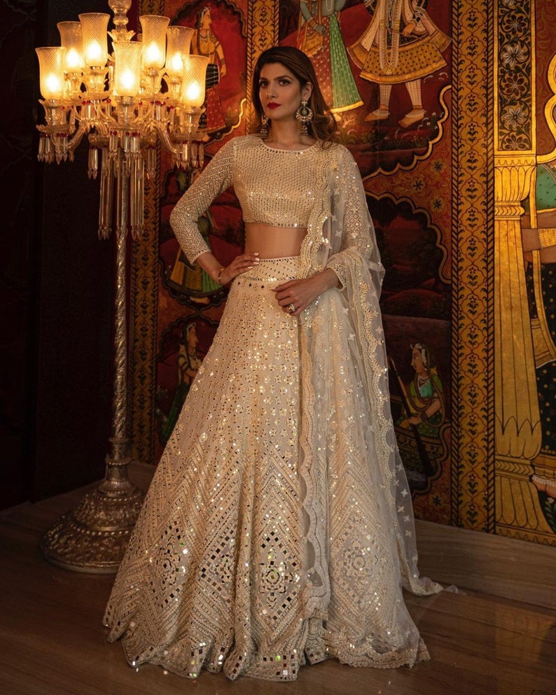 Designer Cream Color Net Lehenga Choli Indian Pakistani image 0