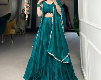 Teal Green Vibrant Printed Georgette Lehenga Choli, Wedding Sangeet Mehendi Partywear Lehenga Choli, Ready to Wear Customise Lehenga Choli