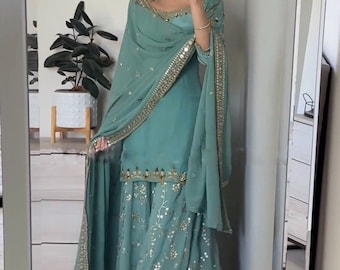 Bruiloft Sangeet Mehendi Party Wear Sharara pak met borduurwerk voor vrouwen gestikt Salwar Kameez Punjabi pak Indiase Pakistaanse trouwjurk