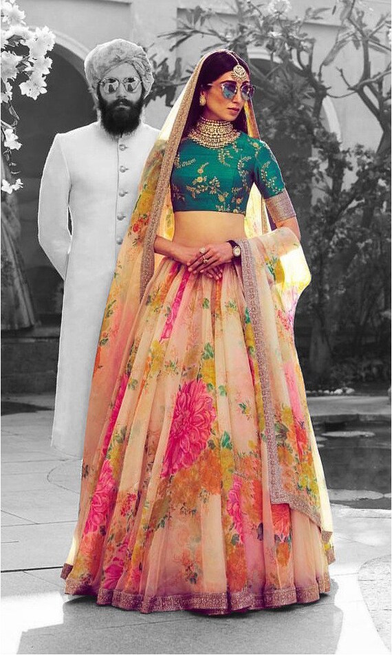 Cream Color Silk Digital Print Lehenga