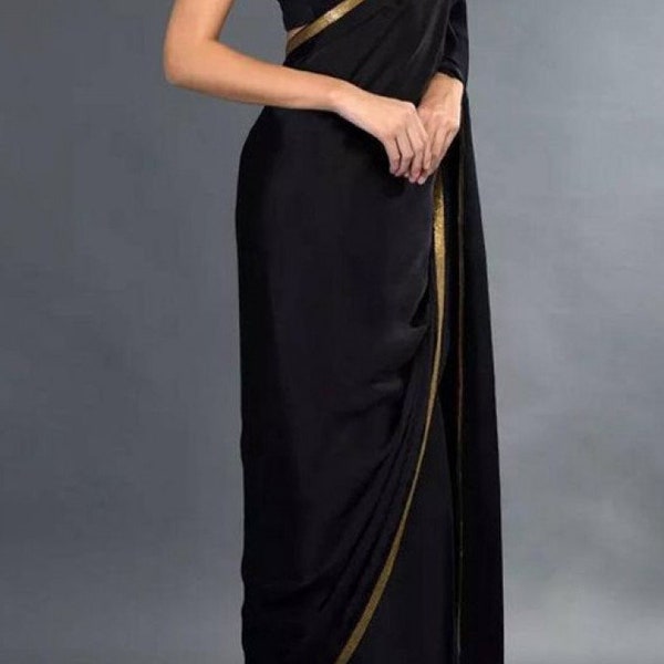 Designer Multi-color Pure Satin Silk Saree with Golden Lace Border, Wedding Sangeet Mehendi Partywear Ready to Wear Pre-stitched Saree