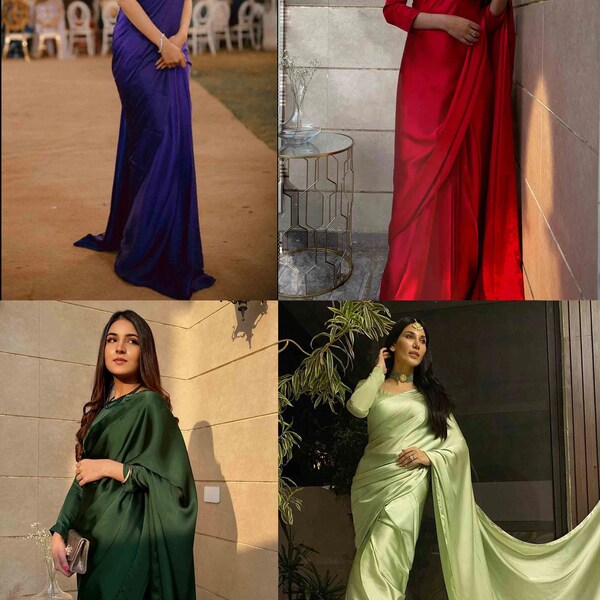 Designer Bleu/Rouge/Vert/Pista Couleur Pure Satin Silk Plain Saree avec chemisier, Mariage et Partywear porter Silk Saree, Demoiselle d’honneur Silk Saree