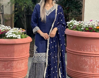 Wedding Sangeet Mehendi Party wear Sharara Suit with Embroidery For Women Stitched Salwar Kameez Punjabi Suit Indian Pakistani Wedding Dress