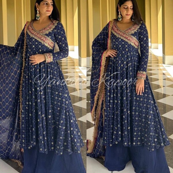 Navy Blue Designer Sharara with Long Top For Women and Girls with Sequence Embroidery Work Partywear Dress Mehendi Sangeet Wedding wear Suit