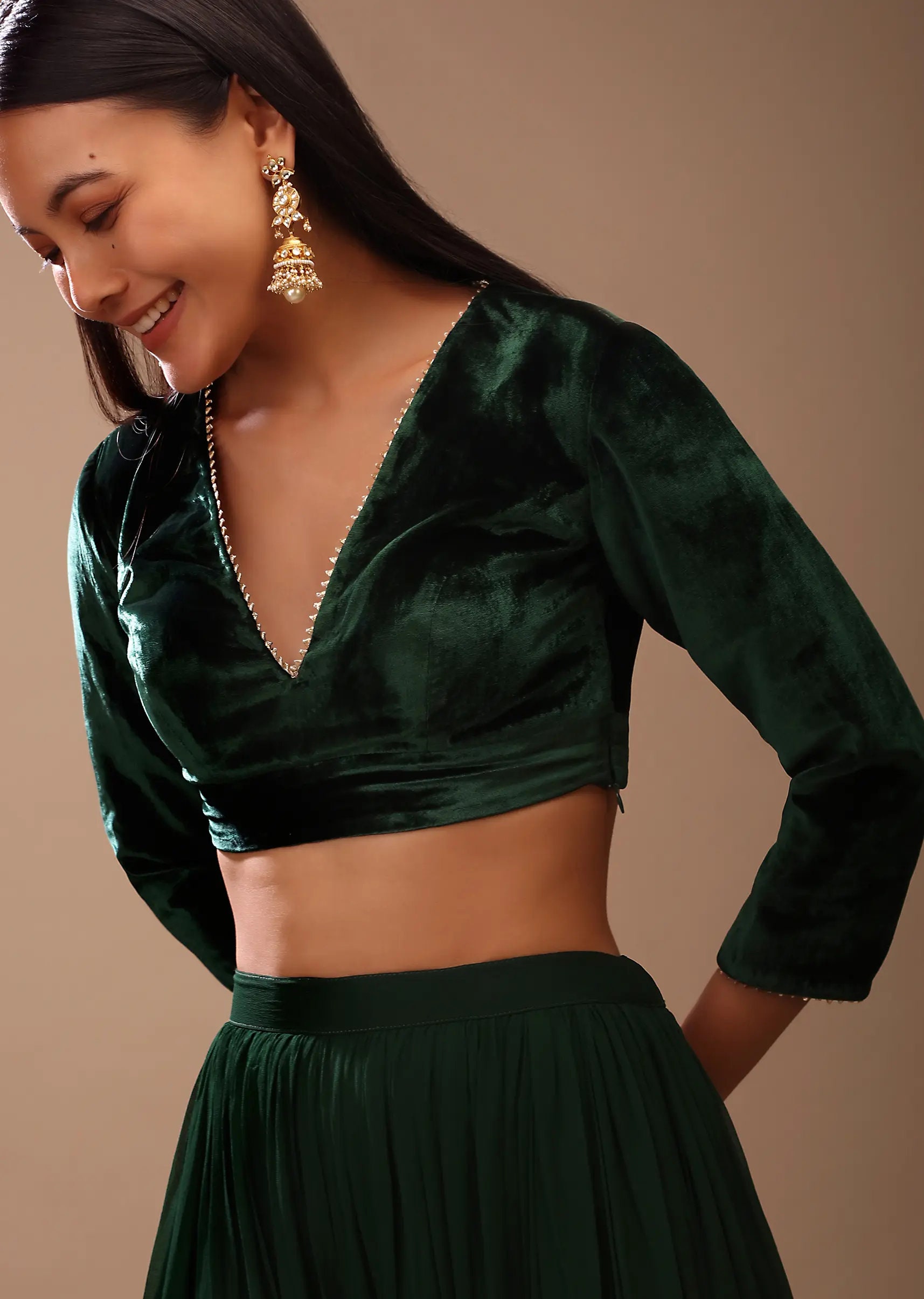 Buy Bottle Green Color Premium Velvet Deep V Neck Long Sleeves Blouse With  Lace Border, Wedding Wear Custom Made Blouse Saree Blouse Crop Top Online  in India 