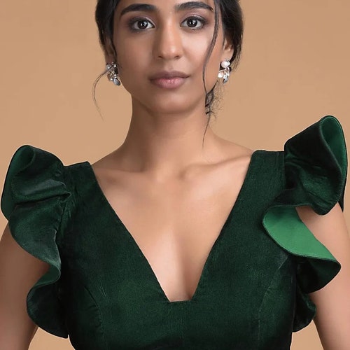 Buy Designer Handmade Premium Velvet Deep Neck Blouse With Ruffle Online in India - Etsy
