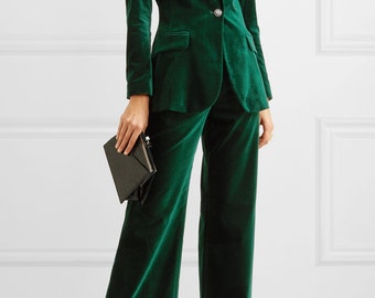 Green Velvet made Single Button Jacket and Pant Pair, Handmade Jacket Pants for Women, Office Wear Jacket Pant, 2 Pcs Plus Size Blazer Pair