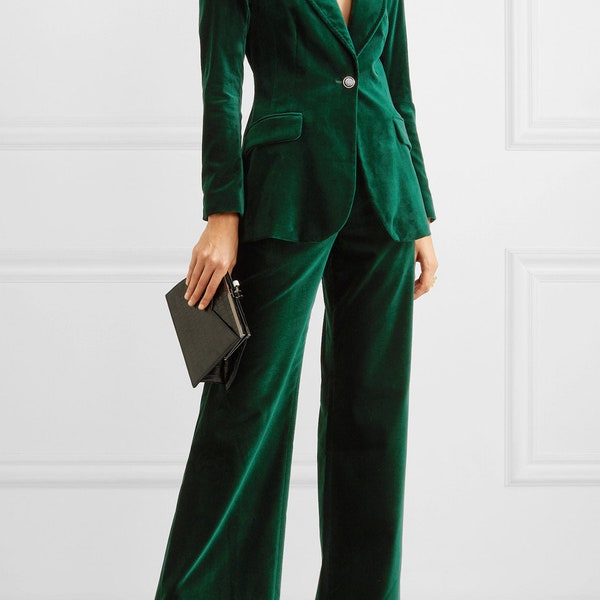 Paire de veste et pantalon à un bouton en velours vert, veste pantalon fait main pour femme, pantalon veste de bureau, 2 pièces grande taille blazer