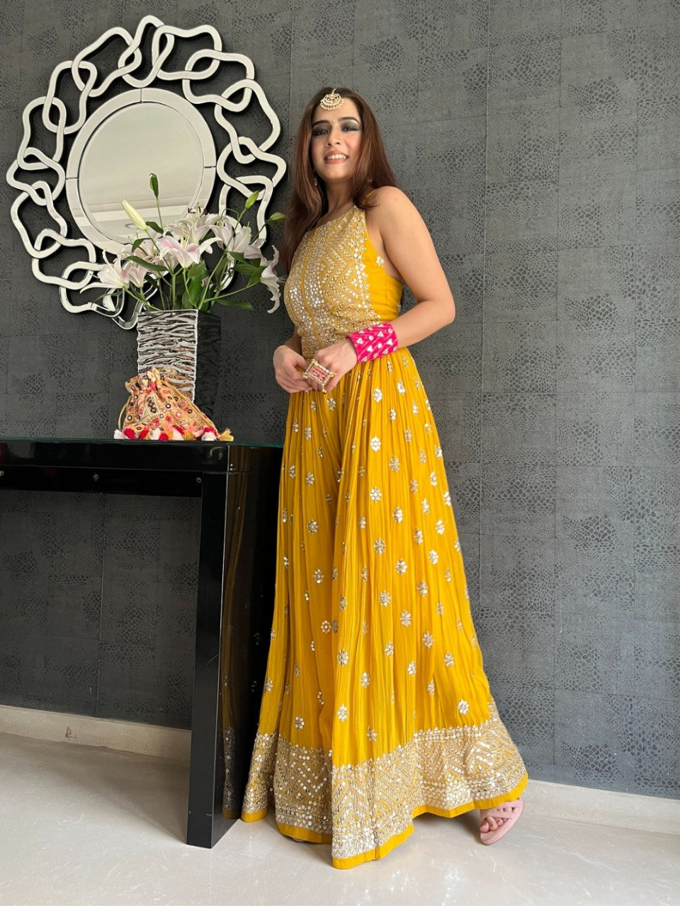Yellow Color Jumpsuit With Sequence Embroidery Work Reception