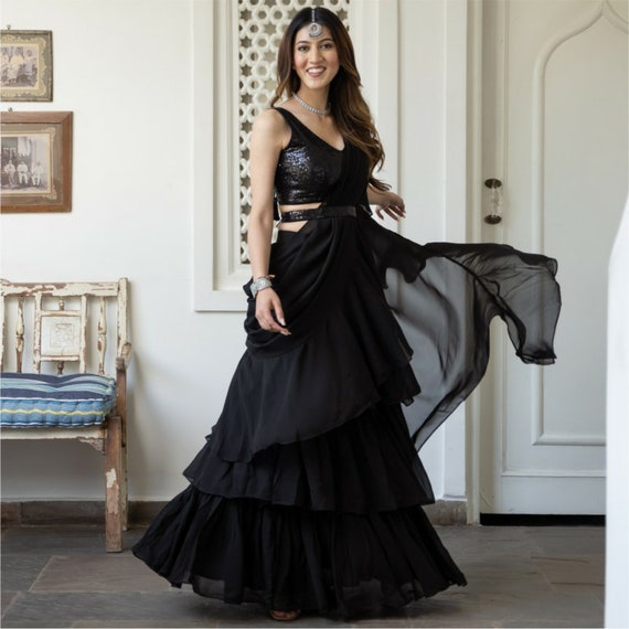 Designer Black Color Georgette Lehenga Saree With Sequence Blouse