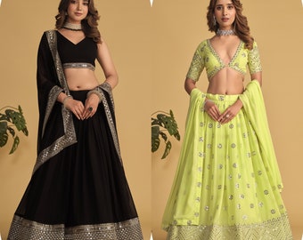 Black/Lime Lehenga Choli for Women, Georgette Lehenga with Sequins Embroidery, Bridesmaid Lehenga Choli, Ready to Wear Wedding Lehenga Choli