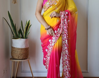 Pink Yellow Shaded Effect Georgette Saree with Sequins Embroidery, Wedding Saree, Partywear Saree, Designer Ready to Wear Pre-stitched Saree