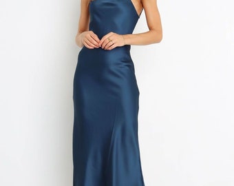 Teal Blue/Navy Blue Soft Satin Silk Midi Length Cowl Neck Dress with Adjustable Shoulder Straps Short Dress Bridesmaid Dress Evening Dress