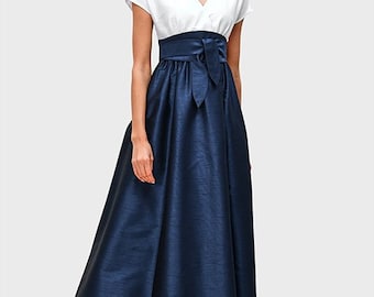 Navy Blue/Black Silk made V Neck Cap Sleeve Maxi Dress for Women, Wedding wear Maxi Dress, Bridesmaid Dress, Formal Evening Dress Long Dress