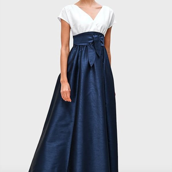 Navy Blau / Schwarz Seide V-Ausschnitt Flügelärmel Maxi Kleid für Frauen, Hochzeitskleid Maxi Kleid, Brautjungfer Kleid, formeller Abend Kleid langes Kleid