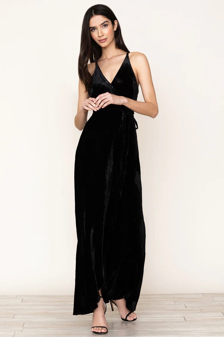 Vintage Black Premium Velvet V Neck Maxi Dress With Self-tie - Etsy