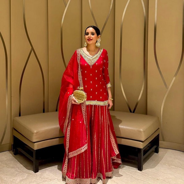 Belle Georgette rouge a fait un costume Sharara de créateur pour femmes, réception de mariage Mehendi Sangeet Partywear Sharara Suit, costume Punjabi