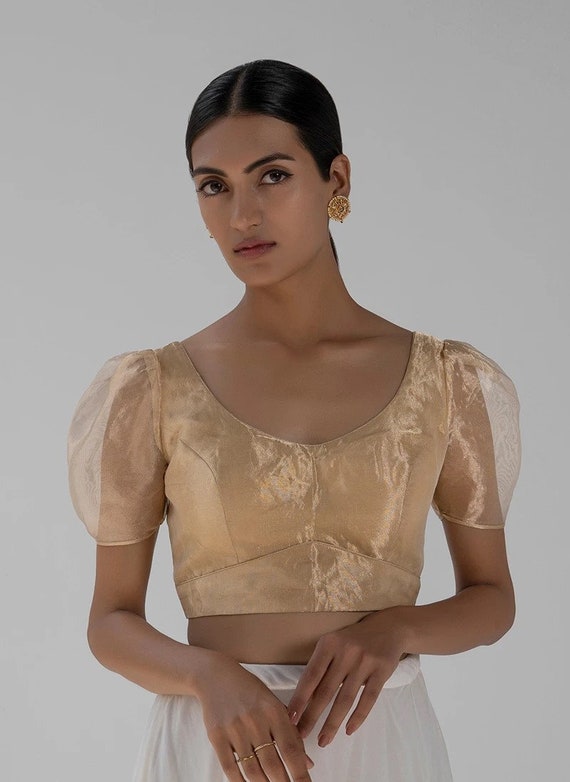 Buy Golden Pure Tissue Blouse With Puff Sleeves and Handmade