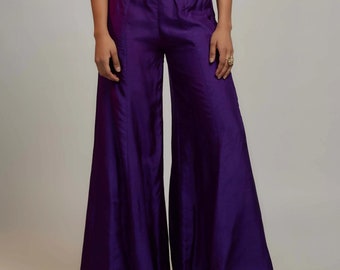 Pantaloni palazzo a vita alta in seta premium viola, pantaloni palazzo larghi in seta, pantaloni svasati da donna, pantaloni palazzo in seta per top e giacche