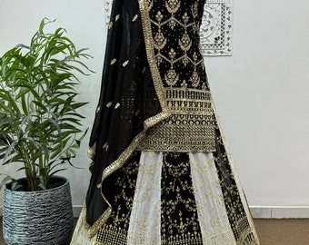 Beautiful Black Georgette Palazzo Suit with Sequins Embroidery, Wedding Reception Mehendi Sangeet Partywear Sharara Suit, Punjabi Suit