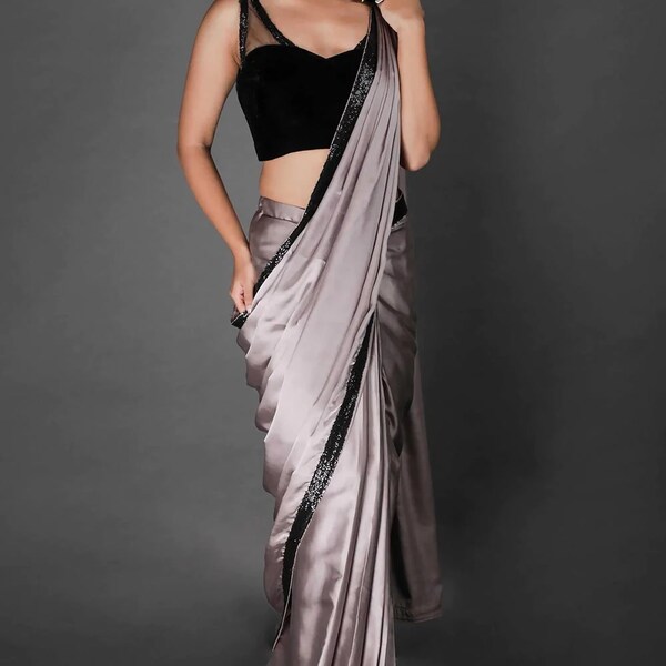 Stella Grey Designer made Pure Satin Silk Saree with Sequin Lace, Bollywood Style Wedding Saree Party wear Ready to wear Pre-stitched Saree