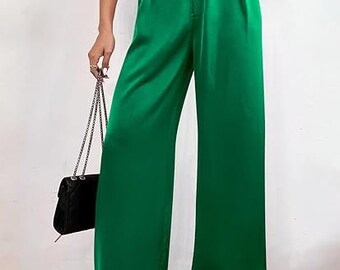 Green Premium Soft Silk High Waist Wide Leg Pants for Women, Office Work Pants, Casual Silk Trousers, Pants and Trousers with Pockets