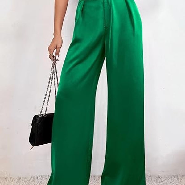 Pantalon large haut de gamme en soie douce et taille haute vert pour femme, pantalon de travail de bureau, pantalon décontracté en soie, pantalon et pantalon avec poches