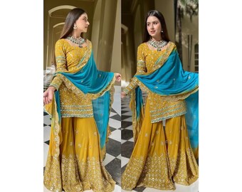 Yellow Georgette Sharara Suit with Blue Dupatta, Wedding Sangeet Mehendi Party wear Sharara with Sequins Embroidery, Stitched Sharara Suit