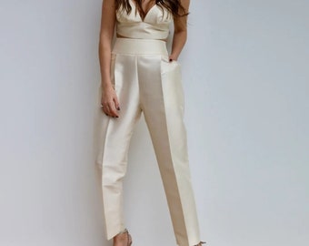 Cream Color Premium Soft Silk High Waist Pants, Silk Pants, Premium Silk Pants for Women, Silk Trousers, Slim Office Wear Pants and Trousers