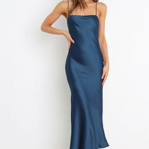 Navy Blue Soft Satin Silk Midi Length Cowl Neck Dress With Adjustable ...